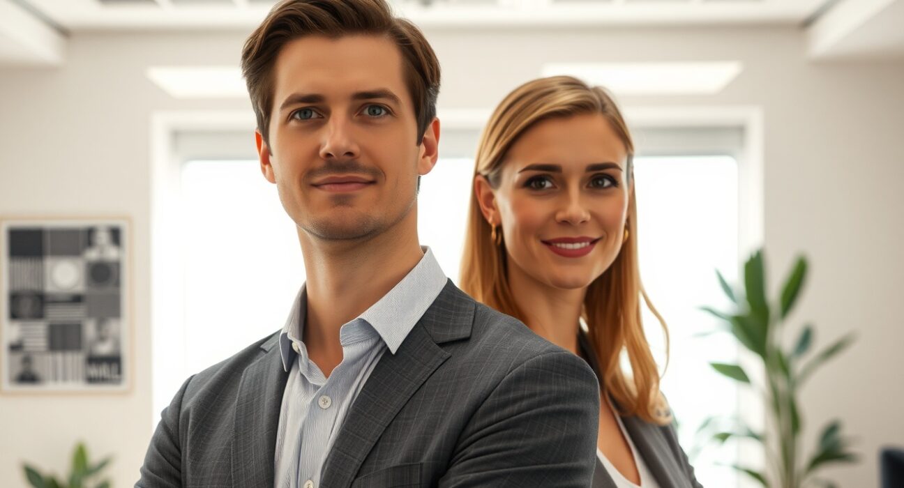 Ashton Kutcher and Morgan Beller in a modern VC office, representing their new venture capital firm focused on AI infrastructure and deep tech investments.