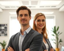 Ashton Kutcher and Morgan Beller in a modern VC office, representing their new venture capital firm focused on AI infrastructure and deep tech investments.