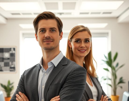 Ashton Kutcher and Morgan Beller in a modern VC office, representing their new venture capital firm focused on AI infrastructure and deep tech investments.