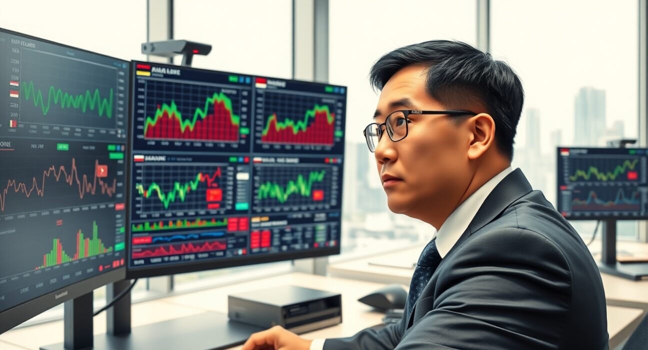 Financial analyst examines Asia bond market data showing diverging risks and safe haven flows in Singapore office