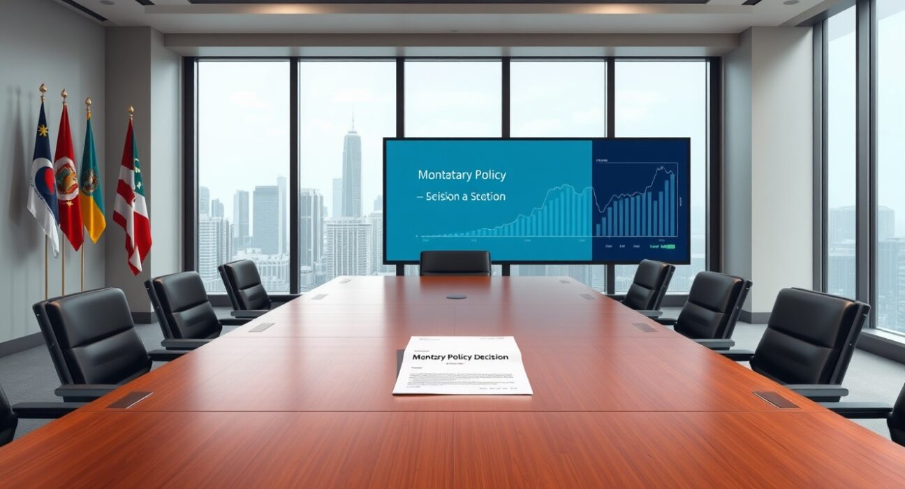 Central bank boardroom scene representing the paused monetary policy decisions in Asia and emerging markets.