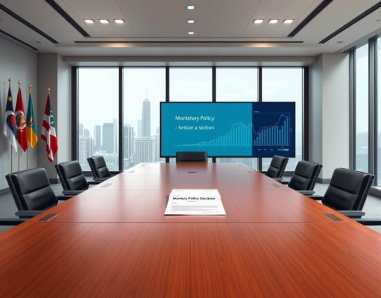Central bank boardroom scene representing the paused monetary policy decisions in Asia and emerging markets.