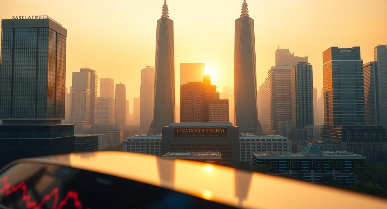 Sunrise over Asian financial district with stock exchange data displays