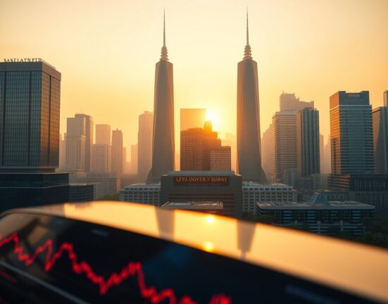 Sunrise over Asian financial district with stock exchange data displays