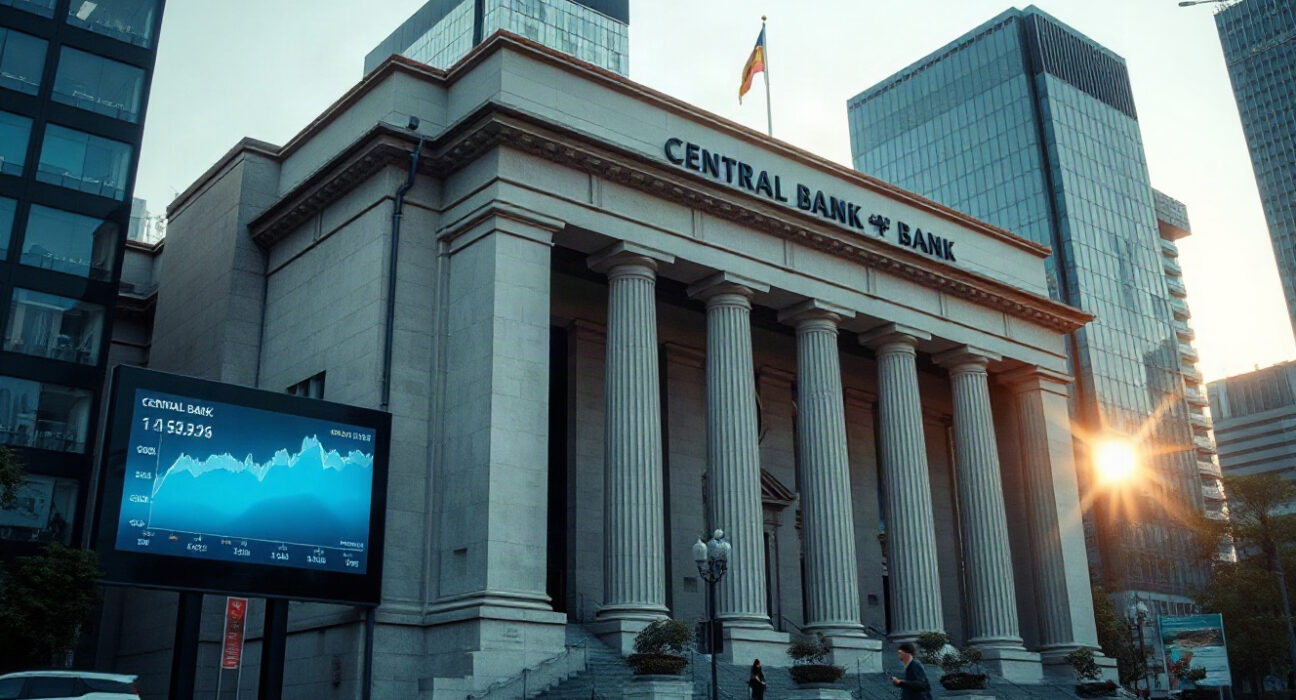 Central bank building in an Asian financial district with currency charts on a screen, symbolizing FX risk management.