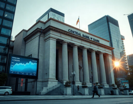 Central bank building in an Asian financial district with currency charts on a screen, symbolizing FX risk management.