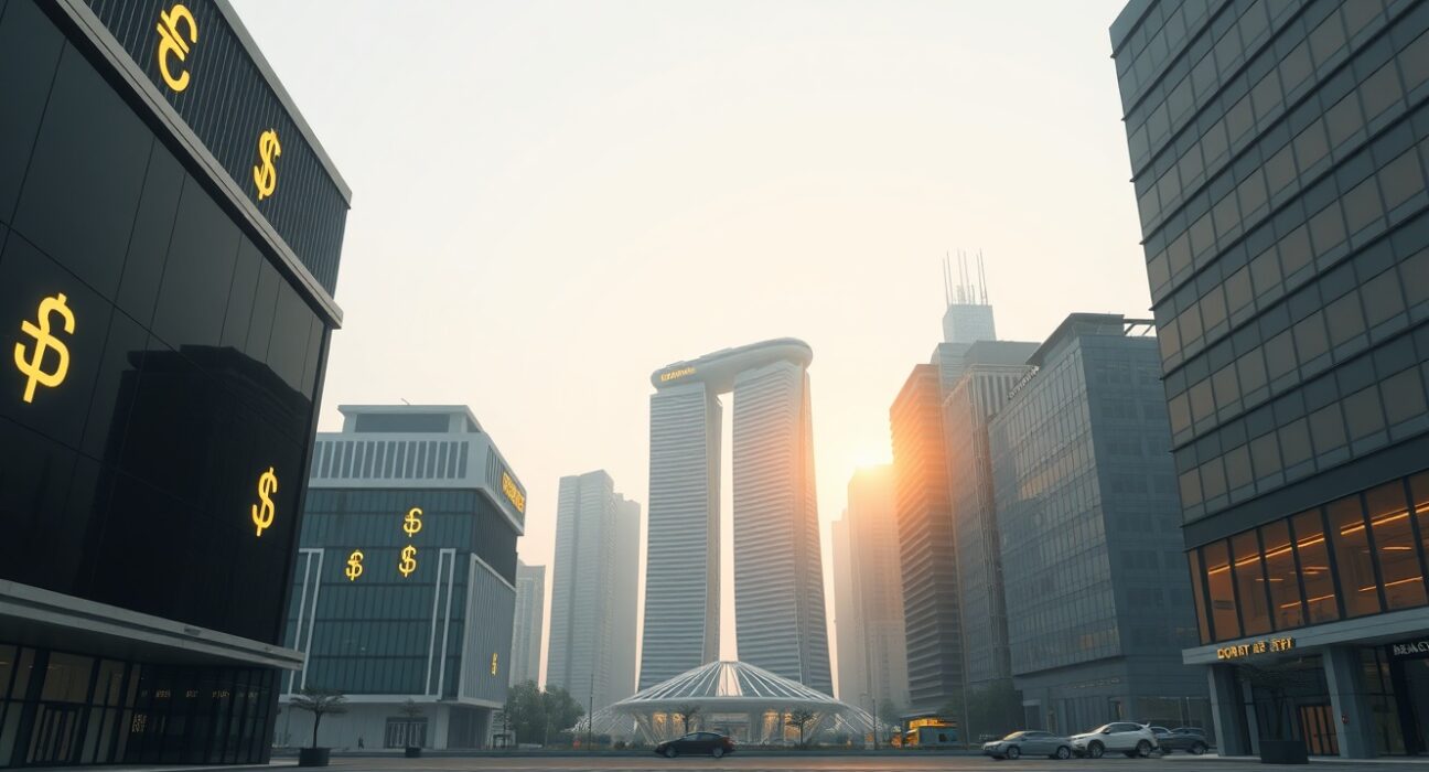 Asia FX consolidation under War Powers deadline: Asian financial district skyline with currency symbols at dawn