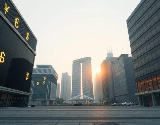 Asia FX consolidation under War Powers deadline: Asian financial district skyline with currency symbols at dawn