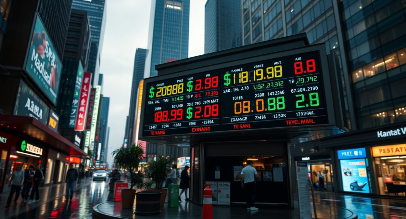 Currency exchange board in an Asian financial district showing fluctuating rates at dusk