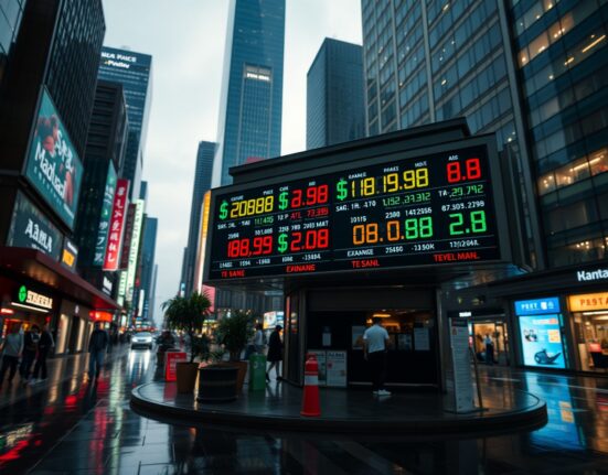 Currency exchange board in an Asian financial district showing fluctuating rates at dusk