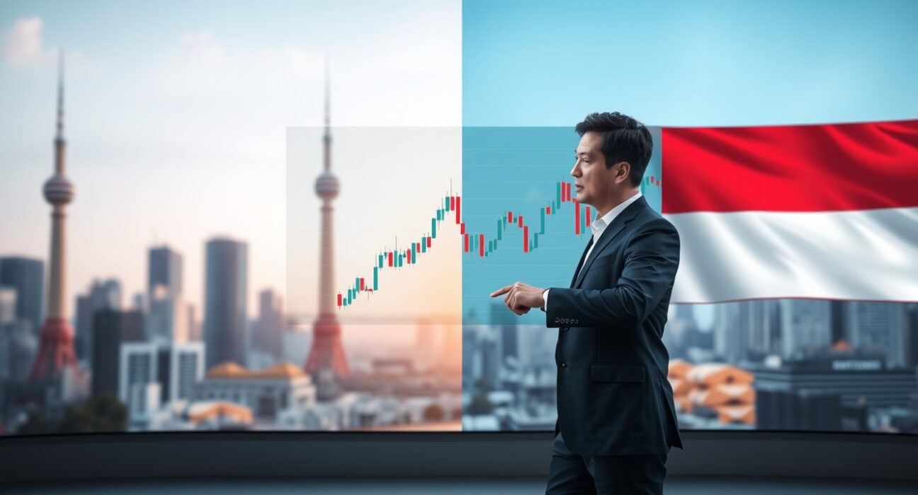 Financial analyst pointing to a digital screen showing diverging KRW and IDR exchange rate charts
