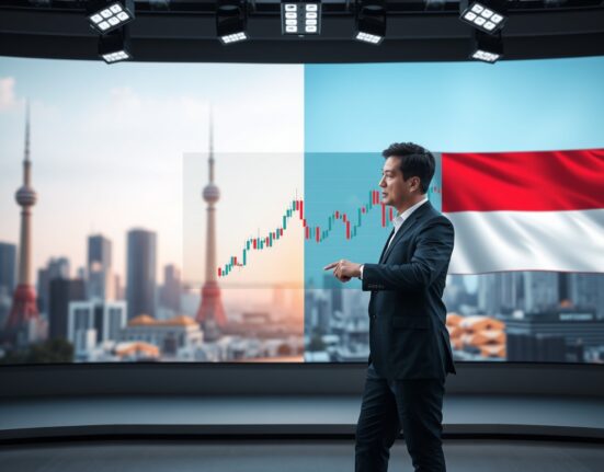 Financial analyst pointing to a digital screen showing diverging KRW and IDR exchange rate charts
