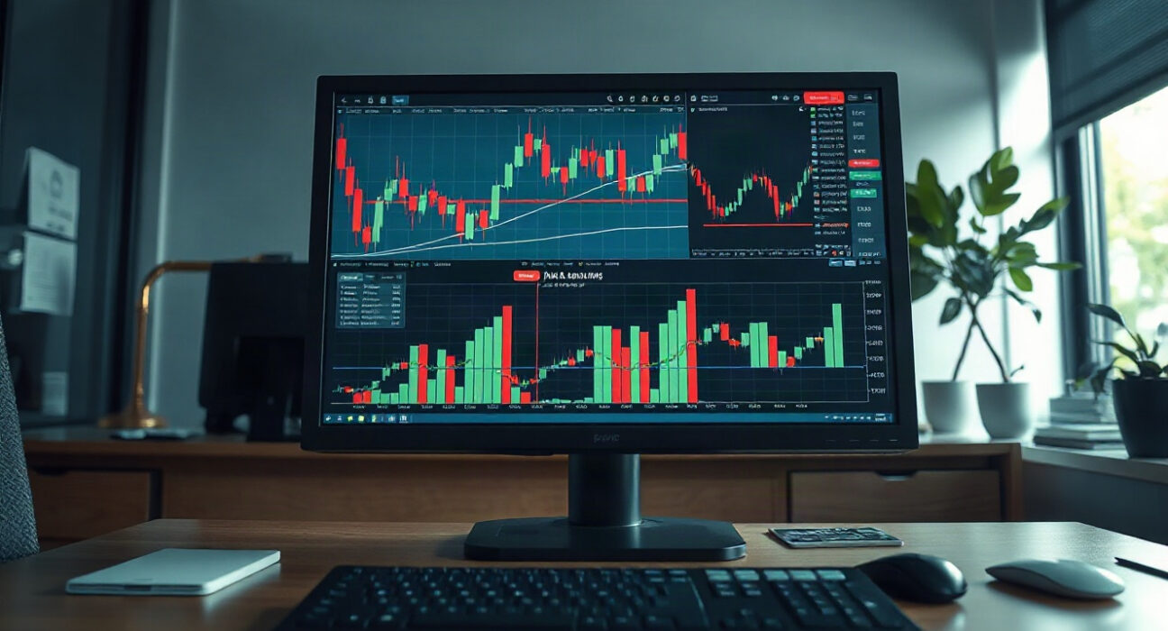 Financial charts and currency symbols on a monitor in a modern office, representing Asia FX market analysis.