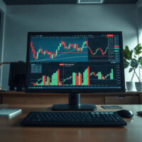 Financial charts and currency symbols on a monitor in a modern office, representing Asia FX market analysis.