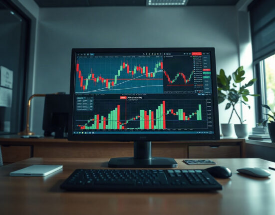 Financial charts and currency symbols on a monitor in a modern office, representing Asia FX market analysis.