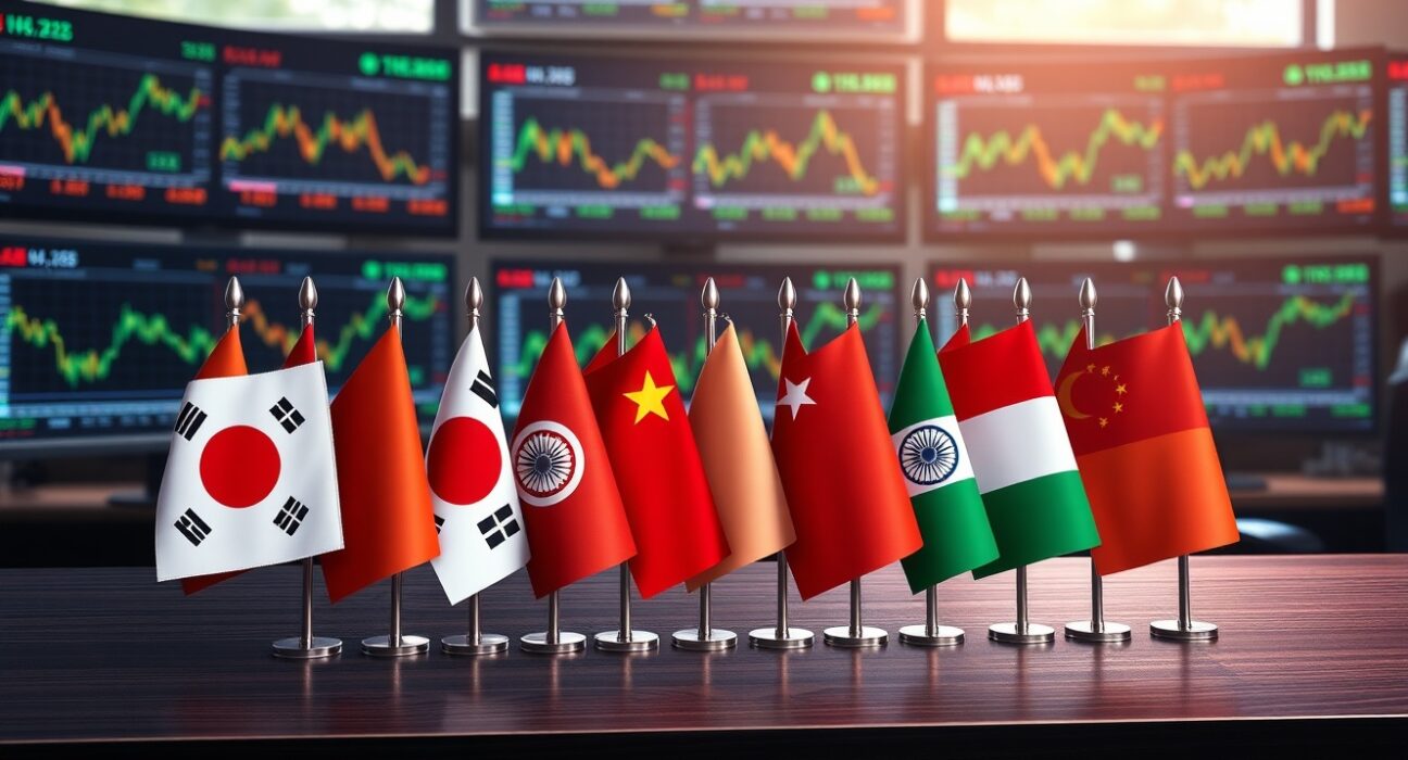 Flags of Asian nations on a trading desk with financial monitors showing currency charts in the background