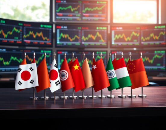 Flags of Asian nations on a trading desk with financial monitors showing currency charts in the background