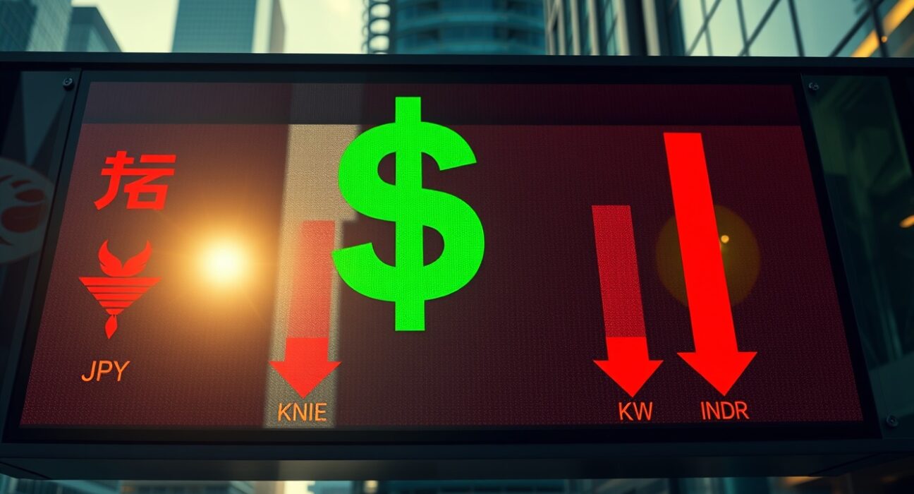 Asian currency exchange board showing red arrows with US dollar sign glowing green in background