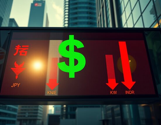 Asian currency exchange board showing red arrows with US dollar sign glowing green in background