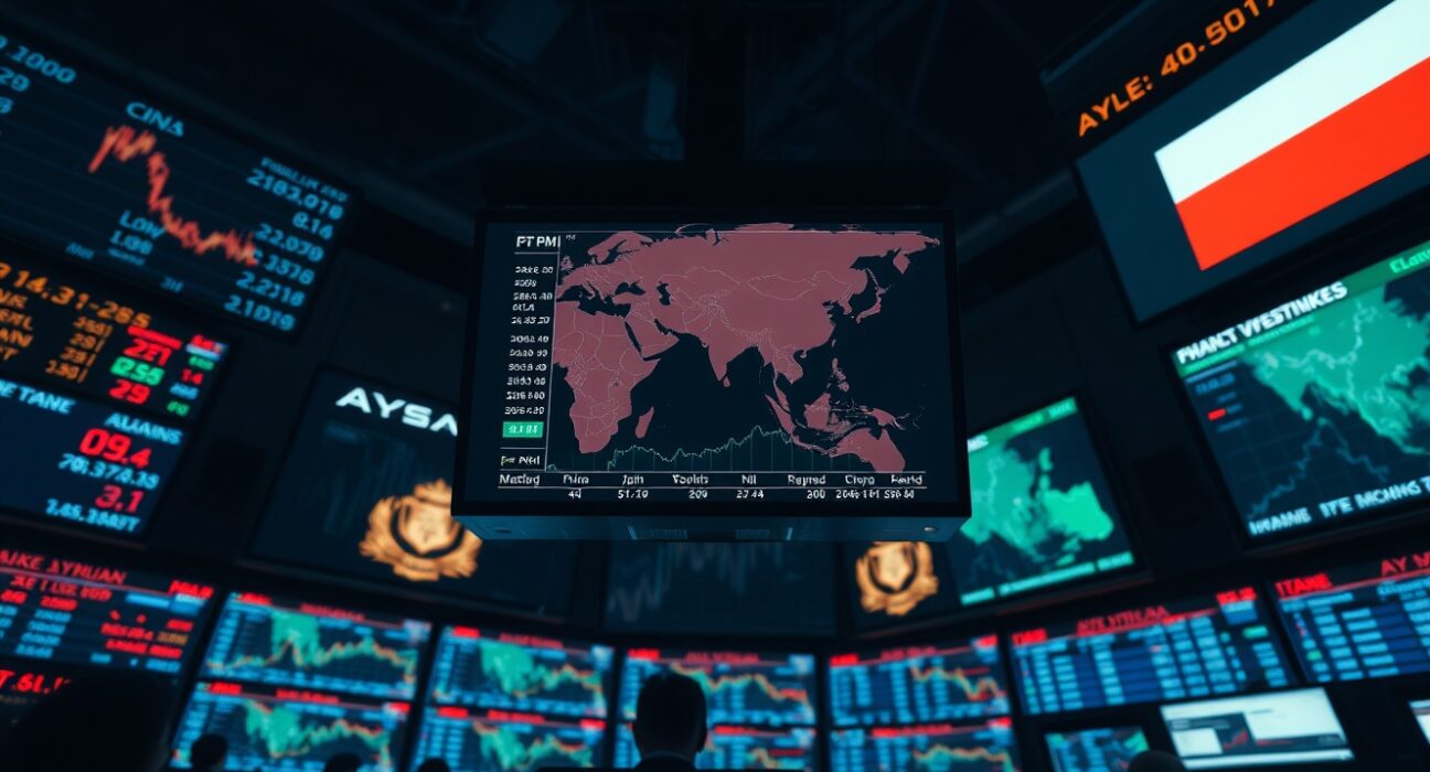 Asian currency market trading screens with mixed PMI data and Iran map showing uncertainty