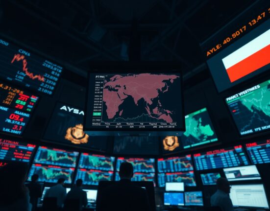 Asian currency market trading screens with mixed PMI data and Iran map showing uncertainty