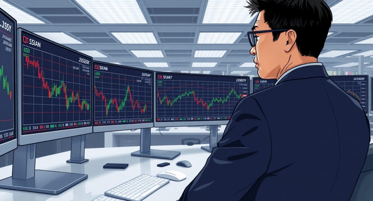 Financial analyst monitors falling Asian currency charts amid US dollar strength and Iran tensions.