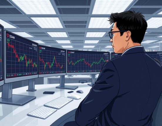 Financial analyst monitors falling Asian currency charts amid US dollar strength and Iran tensions.