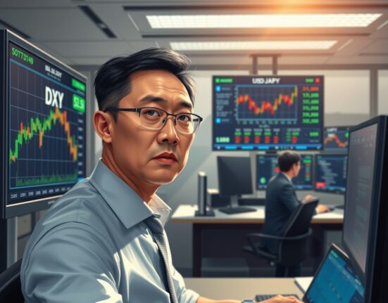 Financial analyst monitoring Asian currency market movements amid US dollar surge and Iran geopolitical uncertainty