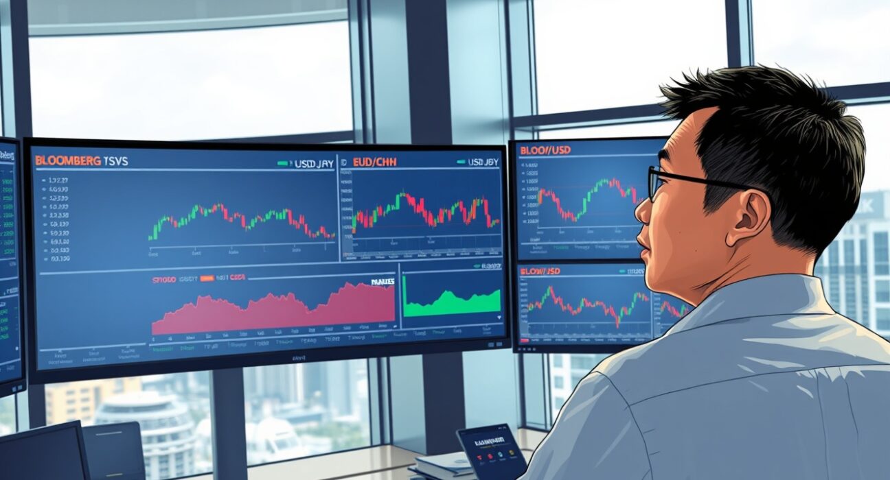 Trader in Singapore analyzes Asia FX and US dollar movements on financial terminal screens.