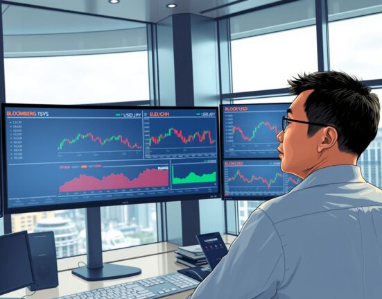 Trader in Singapore analyzes Asia FX and US dollar movements on financial terminal screens.
