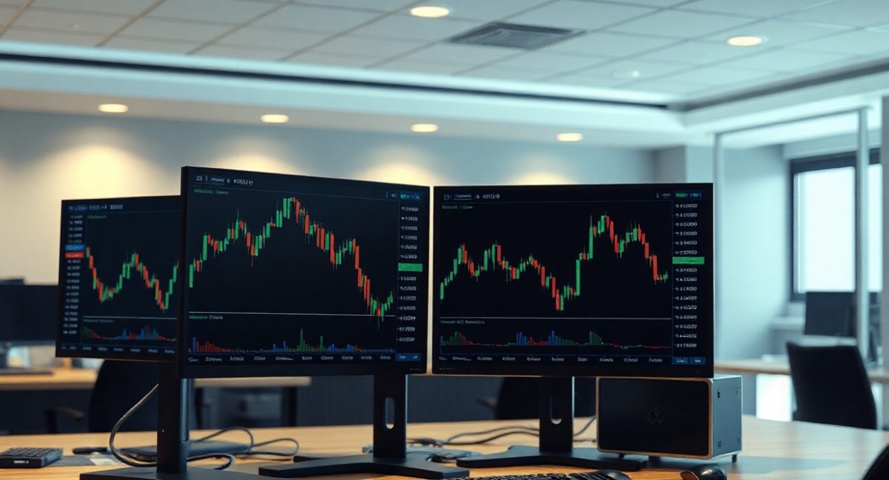 Trading monitors showing dollar index and Asian currency charts in a financial newsroom