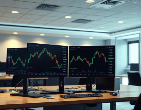 Trading monitors showing dollar index and Asian currency charts in a financial newsroom
