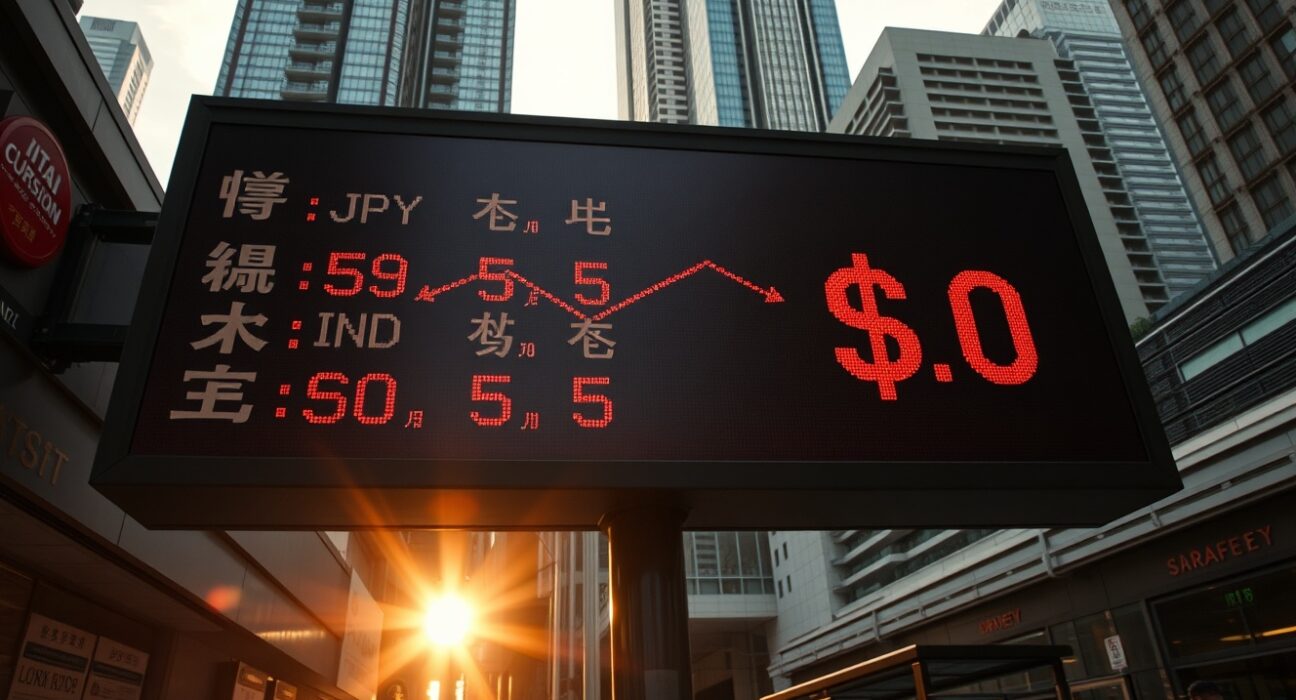 Currency exchange board in Asian financial district showing weakening regional currencies against a strong US dollar