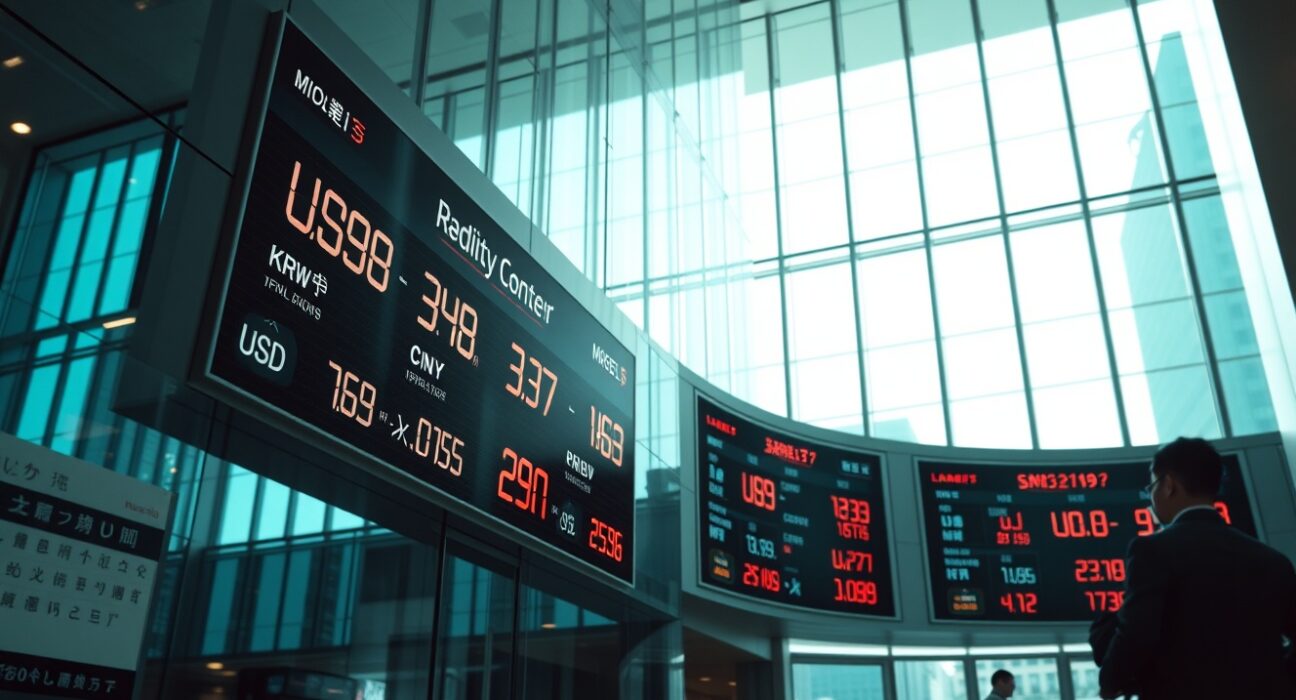 Currency exchange board showing Asian forex rates in a modern financial district