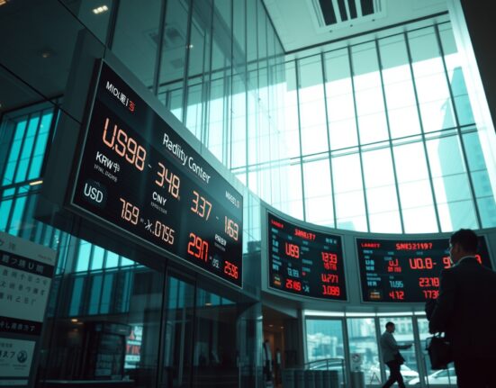 Currency exchange board showing Asian forex rates in a modern financial district