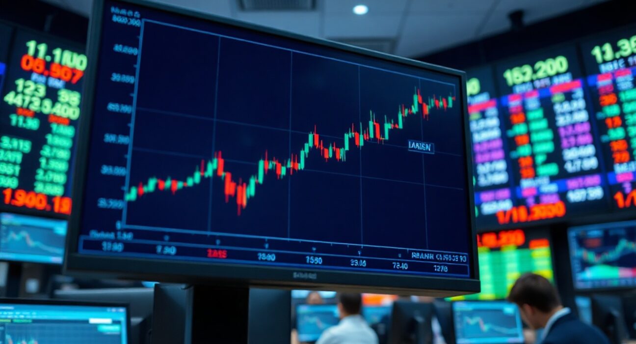 Asian currency exchange rates chart on a monitor in a trading room, reflecting market movements after US PPI data.