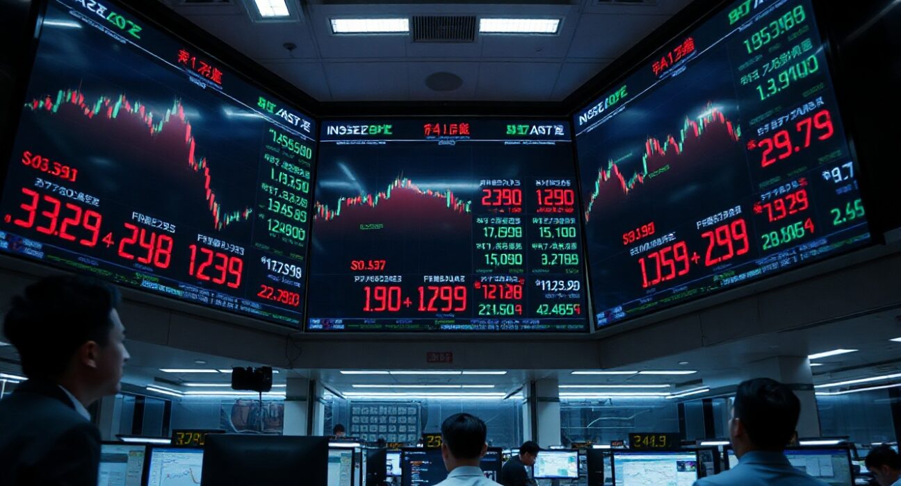 Trading floor in Asia showing currency exchange rates on screens, reflecting steady market conditions amid geopolitical tensions.