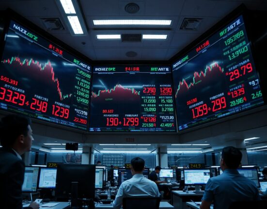 Trading floor in Asia showing currency exchange rates on screens, reflecting steady market conditions amid geopolitical tensions.