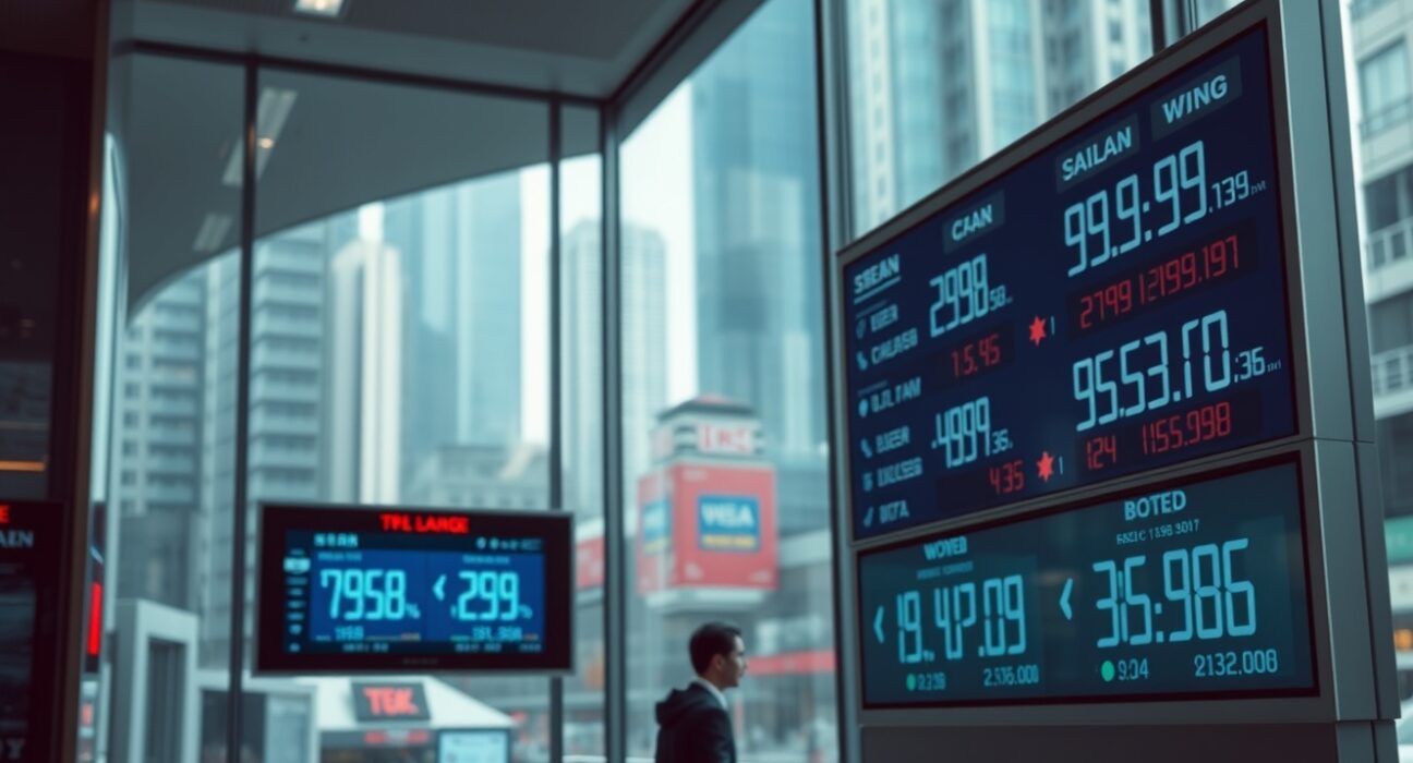 Currency exchange board in an Asian financial district showing subdued dollar and Asian FX rates