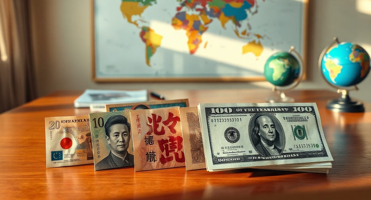 Asian currencies and US dollar banknotes on a desk with a world map and globe in the background, representing forex markets and geopolitical events.