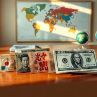 Asian currencies and US dollar banknotes on a desk with a world map and globe in the background, representing forex markets and geopolitical events.