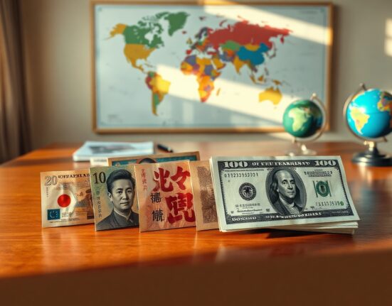 Asian currencies and US dollar banknotes on a desk with a world map and globe in the background, representing forex markets and geopolitical events.