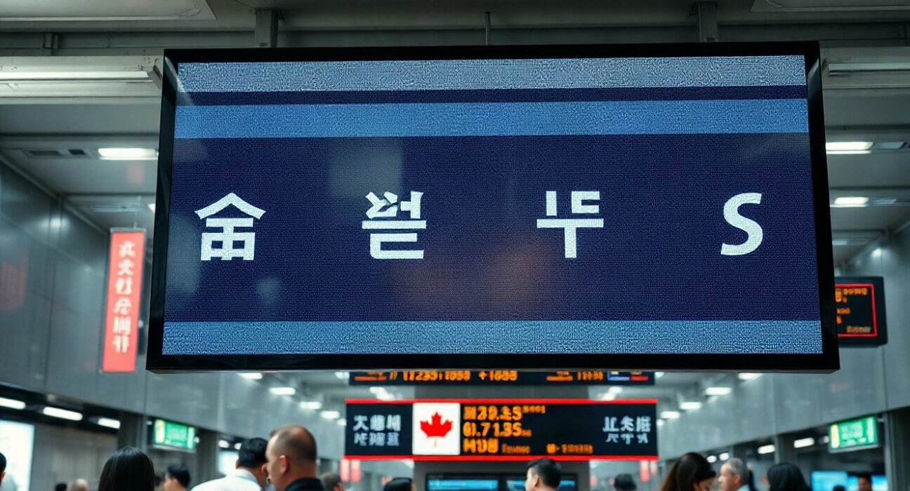 Digital currency exchange board showing US dollar and Korean won in an Asian financial district