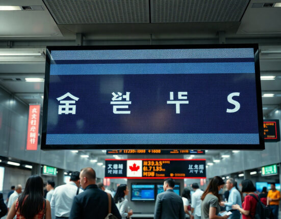 Digital currency exchange board showing US dollar and Korean won in an Asian financial district