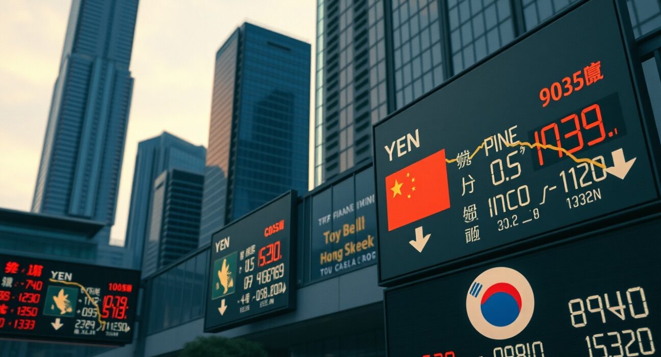 Asia FX markets showing currency pressure amid energy conflict risks in financial district