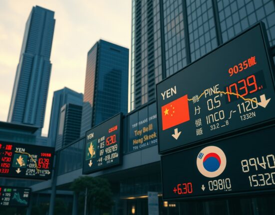 Asia FX markets showing currency pressure amid energy conflict risks in financial district