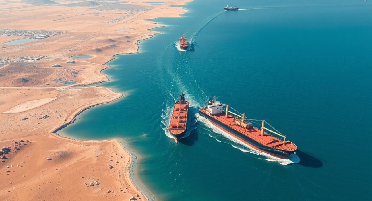 Strategic Strait of Hormuz shipping channel showing Asia FX vulnerability to energy supply disruption.