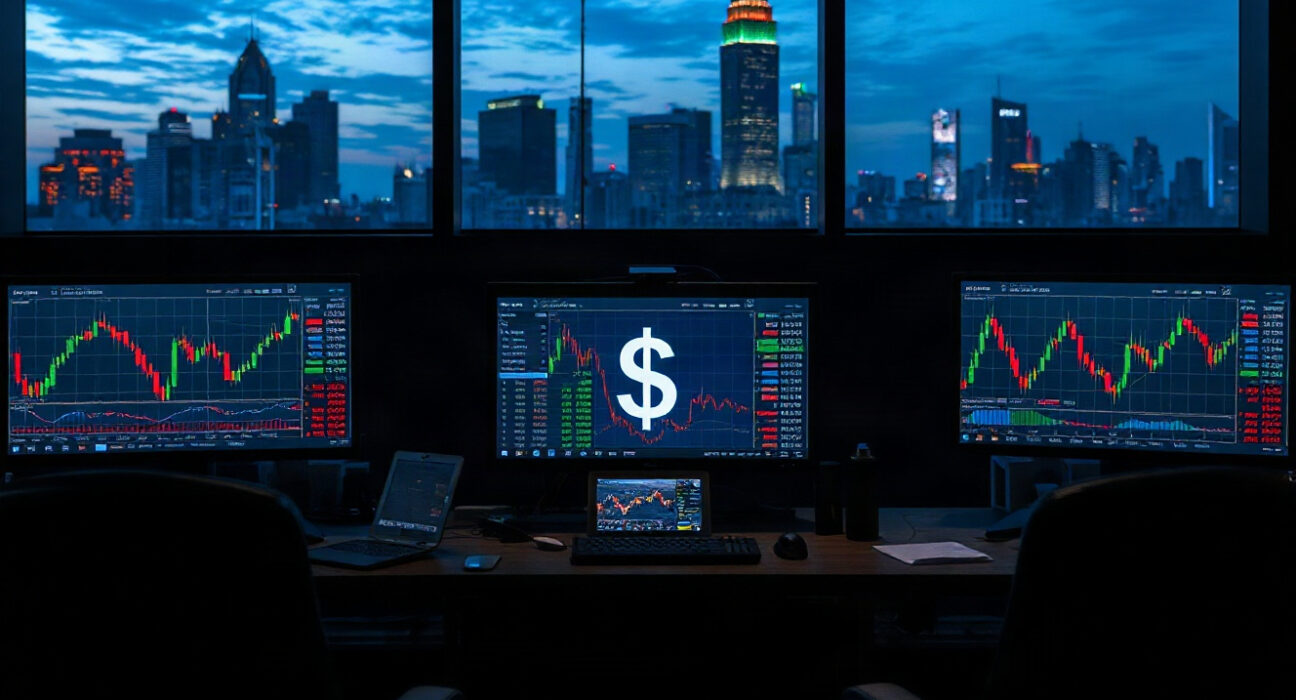 Asian currency trading monitors showing charts and U.S. dollar symbol in a modern trading room