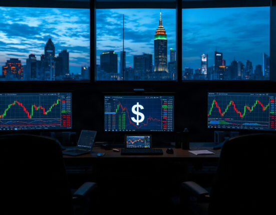 Asian currency trading monitors showing charts and U.S. dollar symbol in a modern trading room