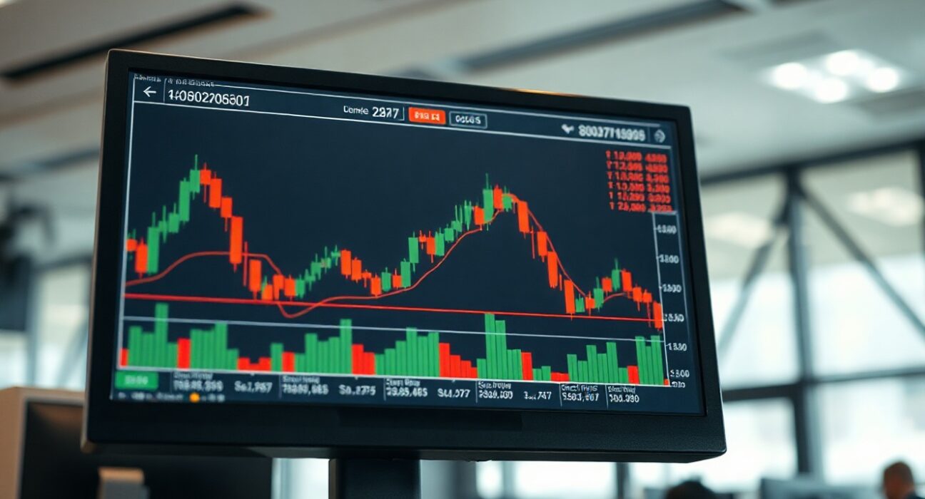 Asian currency markets and trading charts on a monitor, with yen and dollar symbols in focus